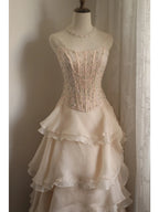 Sweet Pink A-Line Strapless Beaded Layered Chiffon Long Prom Dress Evening Dress