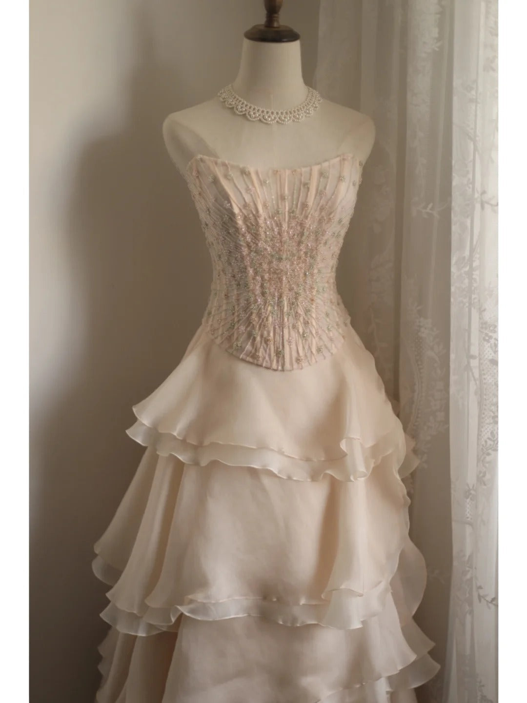 Sweet Pink A-Line Strapless Beaded Layered Chiffon Long Prom Dress Evening Dress