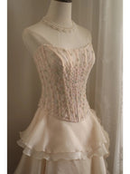 Sweet Pink A-Line Strapless Beaded Layered Chiffon Long Prom Dress Evening Dress