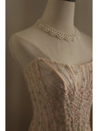 Sweet Pink A-Line Strapless Beaded Layered Chiffon Long Prom Dress Evening Dress