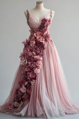 Sweet Pink A-Line Sweetheart Neck Tulle Long Formal Prom Dress 3D Applique Wedding Dress