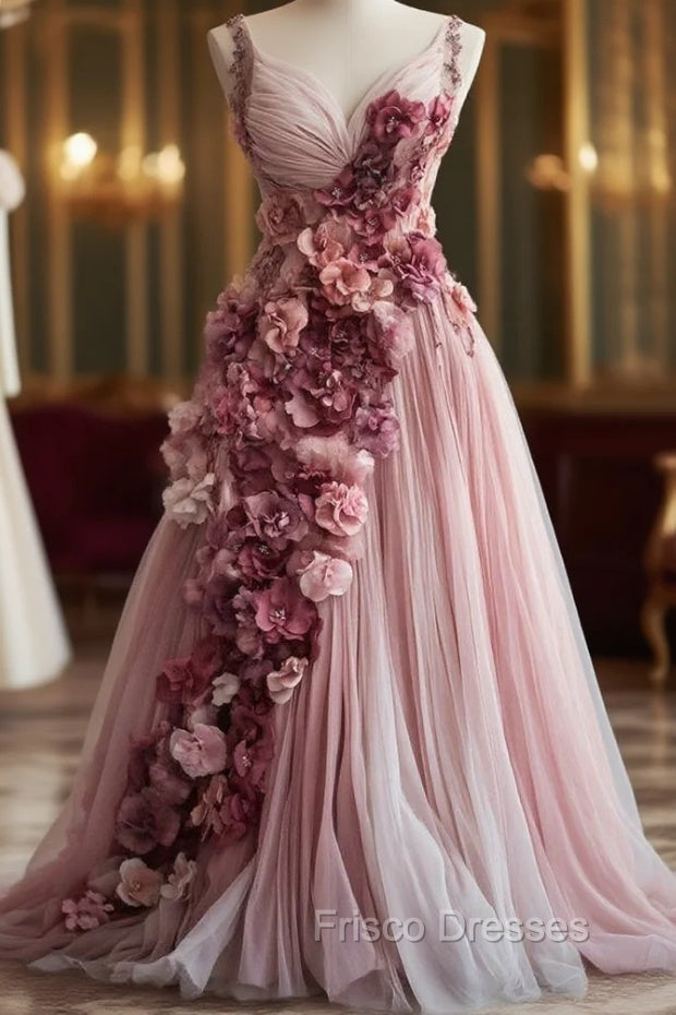 Sweet Pink A-Line Sweetheart Neck Tulle Long Formal Prom Dress 3D Applique Wedding Dress Main image