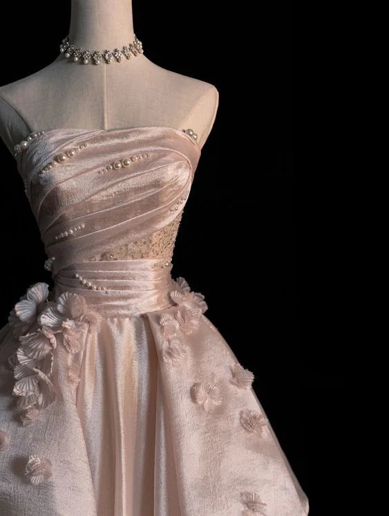 Sweet Pink A-Line Tulle Satin  Long Prom Dresses Strapless Applique Wedding Dresses