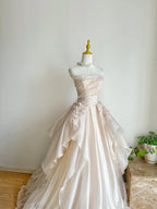 Sweet Pink A-Line Tulle Satin  Long Prom Dresses Strapless Applique Wedding Dresses