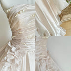 Sweet Pink A-Line Tulle Satin  Long Prom Dresses Strapless Applique Wedding Dresses