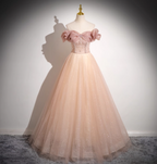 Sweet Pink Apricot One-Shoulder Tulle Long Ball Gown Evening Dress Sweet 16 Dress