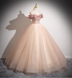 Sweet Pink Apricot One-Shoulder Tulle Long Ball Gown Evening Dress Sweet 16 Dress