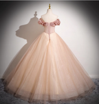 Sweet Pink Apricot One-Shoulder Tulle Long Ball Gown Evening Dress Sweet 16 Dress