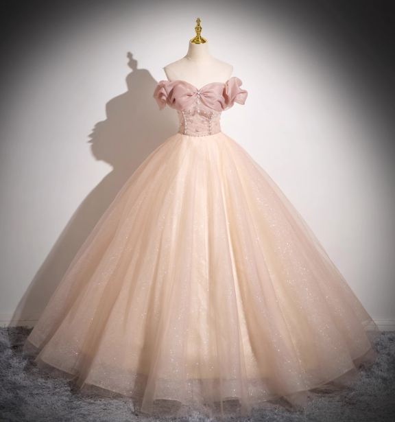 Sweet Pink Apricot One-Shoulder Tulle Long Ball Gown Evening Dress Sweet 16 Dress Main image