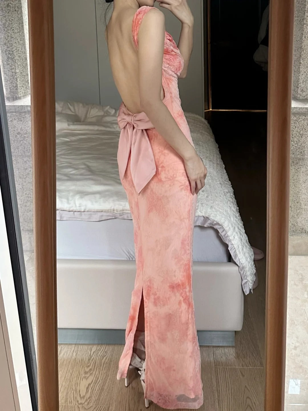 Sweet Pink Mermaid Backless Bow Print Chiffon Long Prom Dress Evening Dress