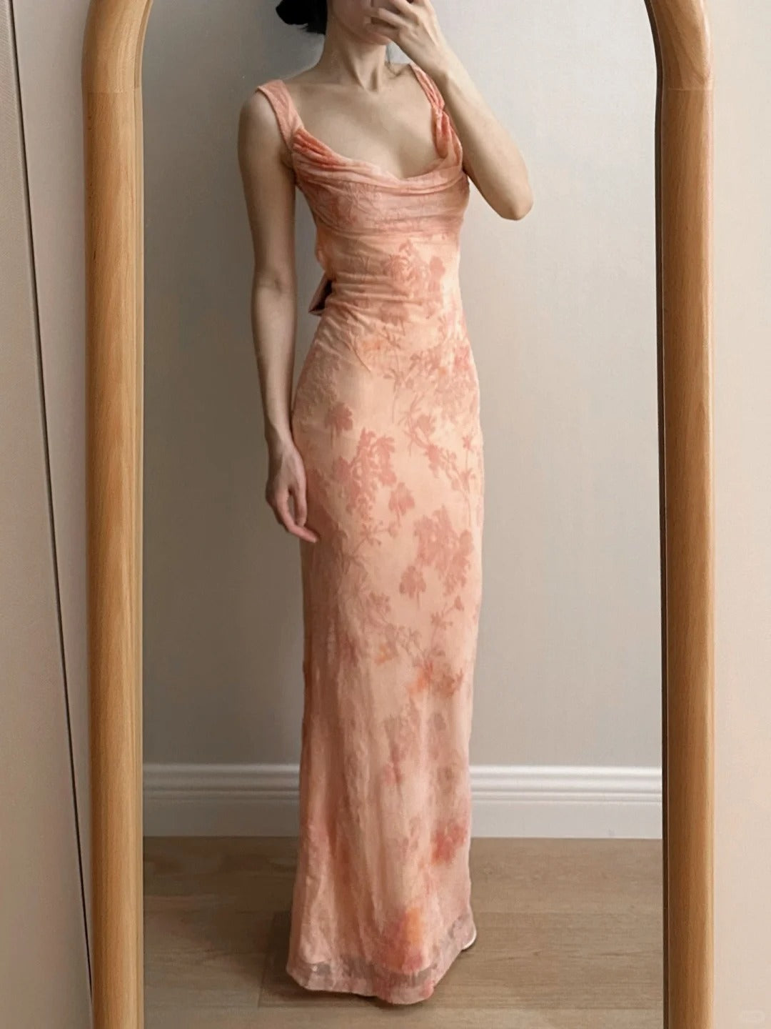 Sweet Pink Mermaid Backless Bow Print Chiffon Long Prom Dress Evening Dress Main image