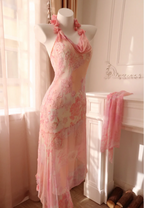 Sweet Pink Mermaid Halter Neck Beaded Chiffon Prom Dress Evening Dress