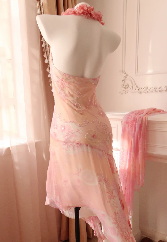 Sweet Pink Mermaid Halter Neck Beaded Chiffon Prom Dress Evening Dress