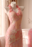 Sweet Pink Mermaid Halter Neck Beaded Chiffon Prom Dress Evening Dress