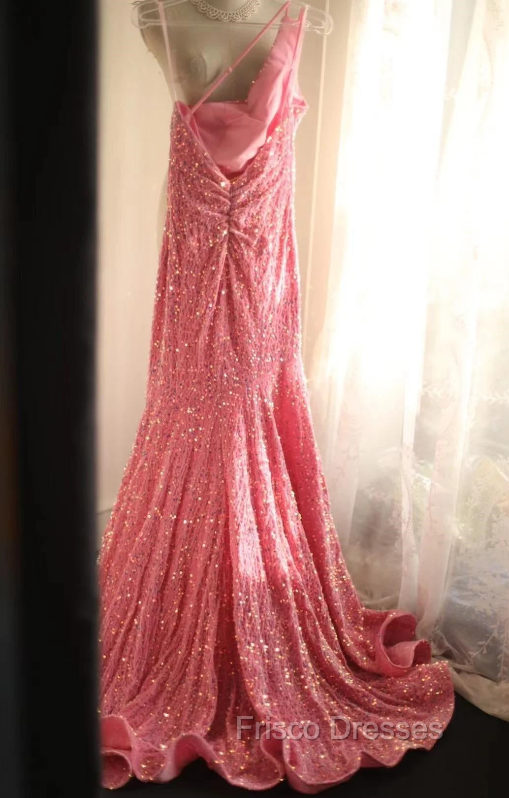 Sweet Pink Mermaid One Shoulder Sequined Pleated Long Formal Prom Dress Backless Evening Dress Secondary image