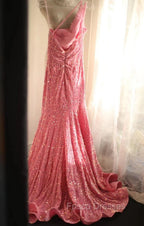 Sweet Pink Mermaid One Shoulder Sequined Pleated Long Formal Prom Dress Backless Evening Dress