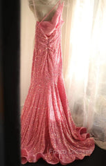 Sweet Pink Mermaid One Shoulder Sequined Pleated Long Formal Prom Dress Backless Evening Dress
