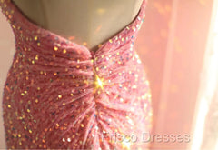 Sweet Pink Mermaid One Shoulder Sequined Pleated Long Formal Prom Dress Backless Evening Dress
