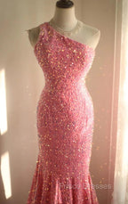 Sweet Pink Mermaid One Shoulder Sequined Pleated Long Formal Prom Dress Backless Evening Dress