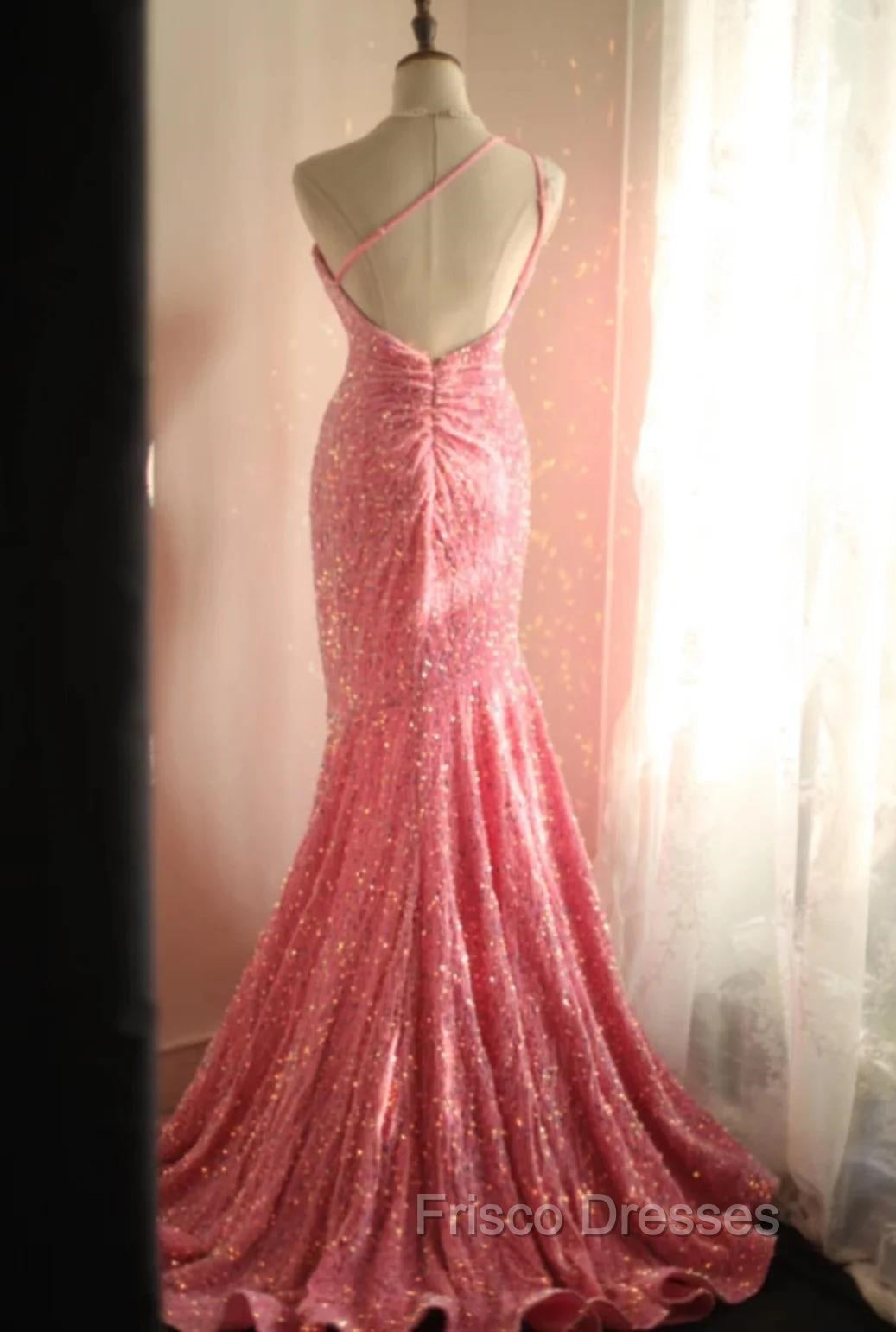 Sweet Pink Mermaid One Shoulder Sequined Pleated Long Formal Prom Dress Backless Evening Dress