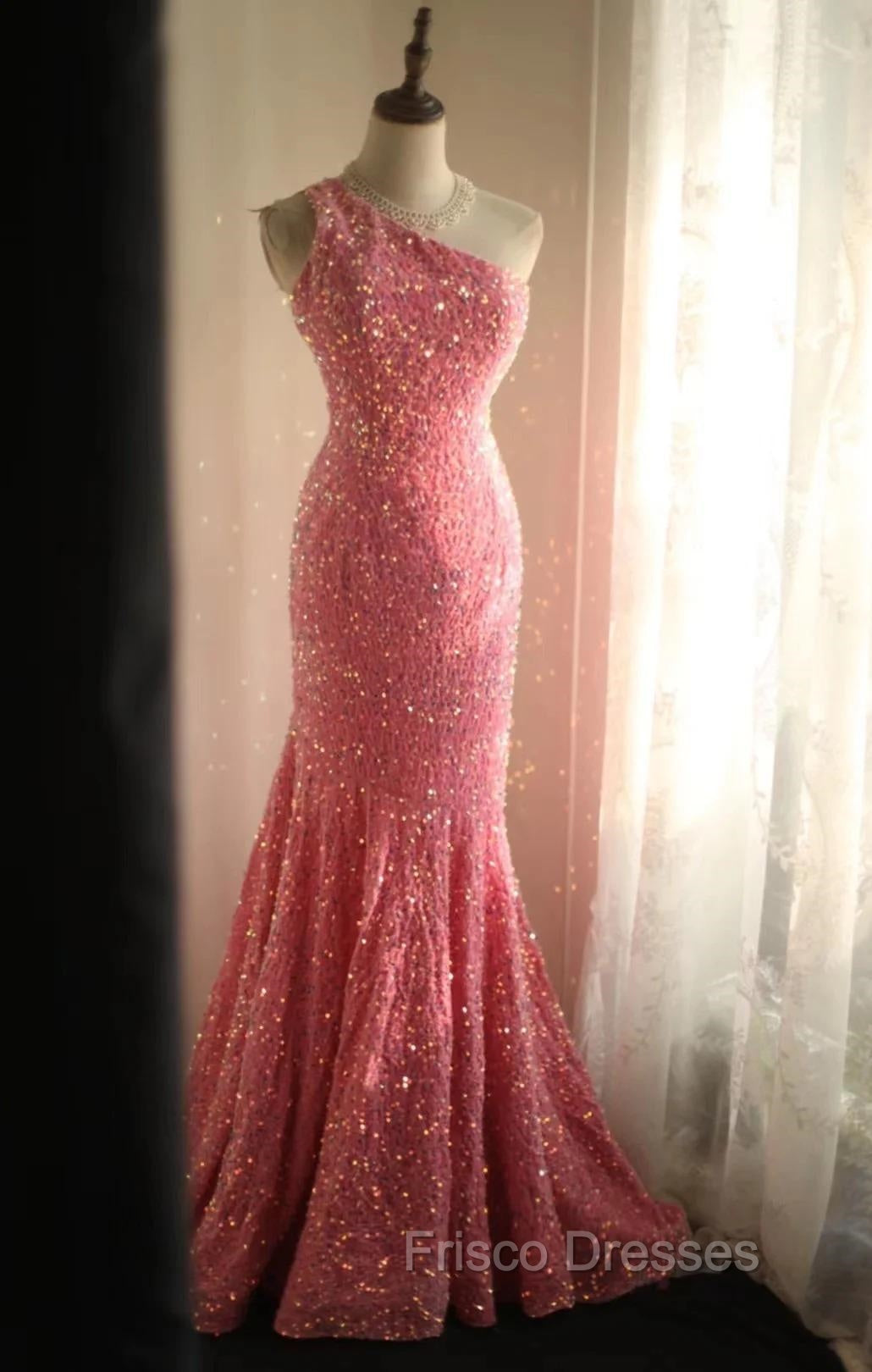 Sweet Pink Mermaid One Shoulder Sequined Pleated Long Formal Prom Dress Backless Evening Dress
