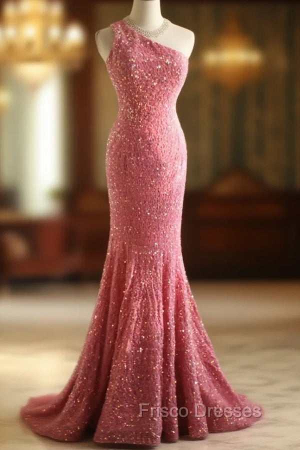 Sweet Pink Mermaid One Shoulder Sequined Pleated Long Formal Prom Dress Backless Evening Dress Main image
