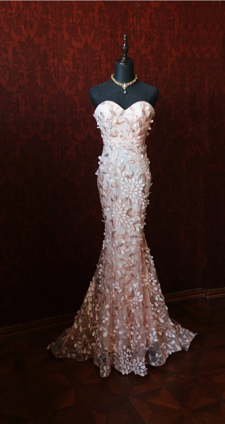 Sweet Pink Mermaid Sweetheart Neckline 3D Petal Tulle Long Prom Dress Evening Dress Secondary image