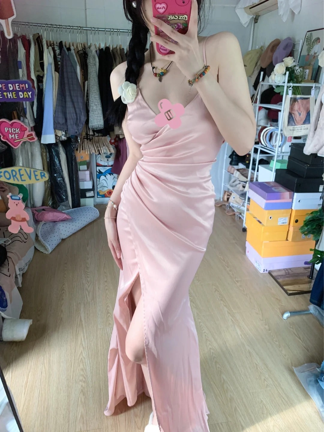 Sweet Pink Mermaid V-Neck Spaghetti Strap Satin Slit Long Prom Dress Evening Dress Main image