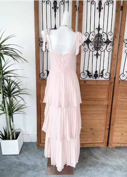 Sweet Pink Multi-Layered Tiered Bow Strap Chiffon Long Prom Dress Evening Dress