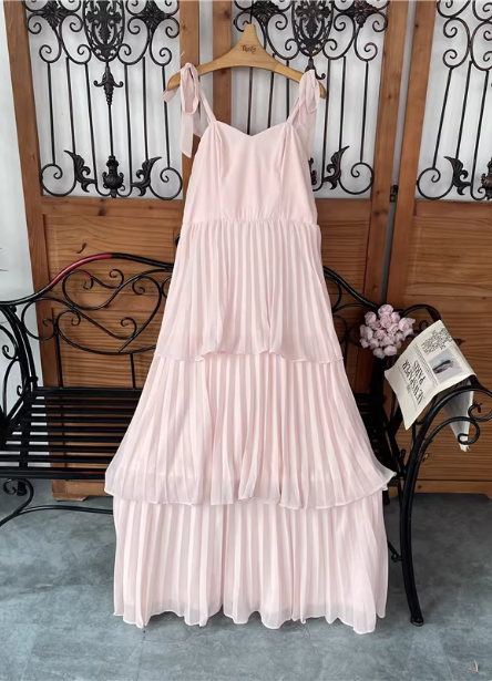 Sweet Pink Multi-Layered Tiered Bow Strap Chiffon Long Prom Dress Evening Dress