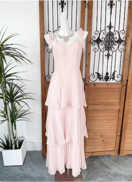 Sweet Pink Multi-Layered Tiered Bow Strap Chiffon Long Prom Dress Evening Dress Main image