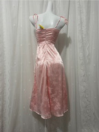 Sweet Pink Spaghetti Strap Embroidered Jacquard Satin Prom Dress Evening Dress