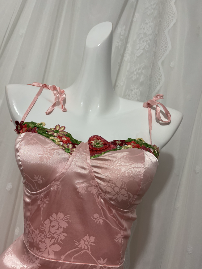 Sweet Pink Spaghetti Strap Embroidered Jacquard Satin Prom Dress Evening Dress