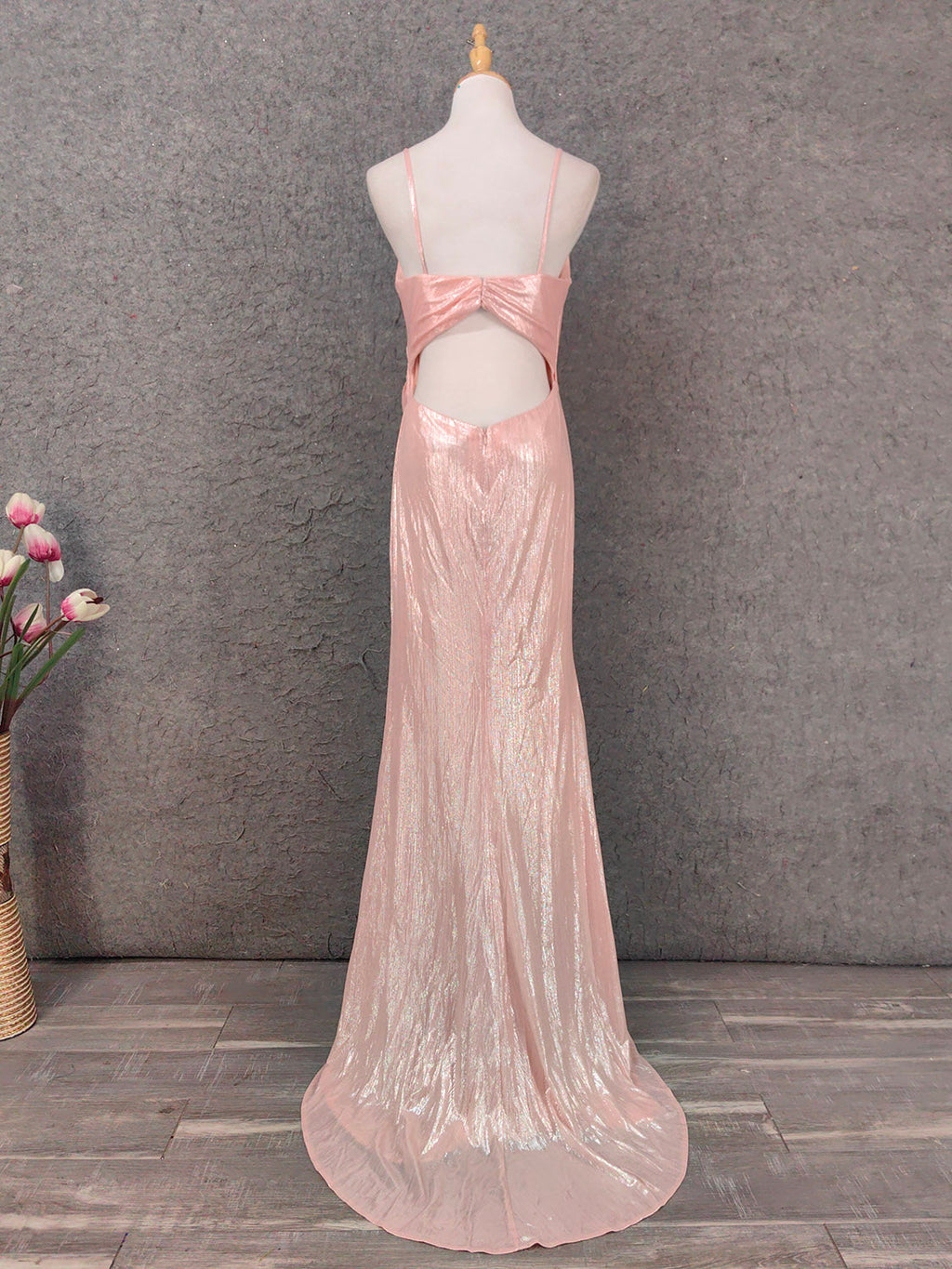 Sweet Pink Spaghetti Strap V-Neck Ruffled Open Back Satin Train Prom Dress Evening Dress Bridesmaid Dress