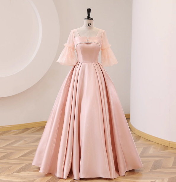 Sweet Pink Square Neck Lace Sleeve Satin Ball Gown Evening Dress Sweet 16 Dress Secondary image