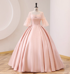 Sweet Pink Square Neck Lace Sleeve Satin Ball Gown Evening Dress Sweet 16 Dress