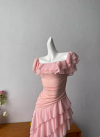 Sweet Pink Square Neck Ruffle Irregular Chiffon Long Prom Dress Evening Dress