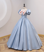 Sweet Princess Light Blue Square Neck Bow Puff Sleeve Satin Ball Gown Evening Dress Sweet 16 Dress