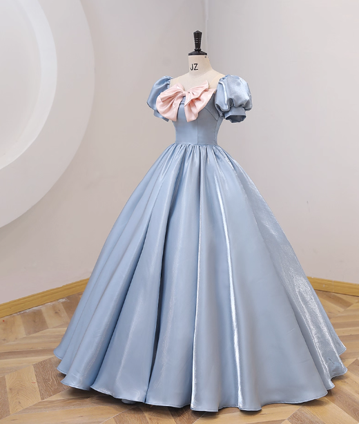 Sweet Princess Light Blue Square Neck Bow Puff Sleeve Satin Ball Gown Evening Dress Sweet 16 Dress