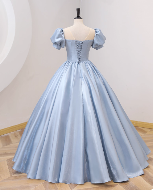 Sweet Princess Light Blue Square Neck Bow Puff Sleeve Satin Ball Gown Evening Dress Sweet 16 Dress
