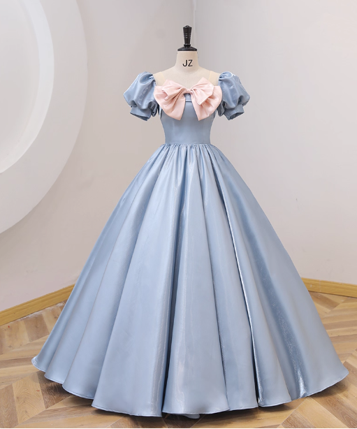 Sweet Princess Light Blue Square Neck Bow Puff Sleeve Satin Ball Gown Evening Dress Sweet 16 Dress Main image
