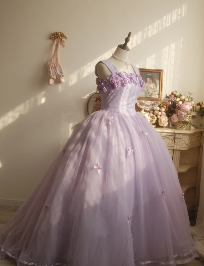 Sweet Princess Light Purple 3D Floral Square Neck Bow Tulle Ball Gown Evening Dress Sweet 16 Dress