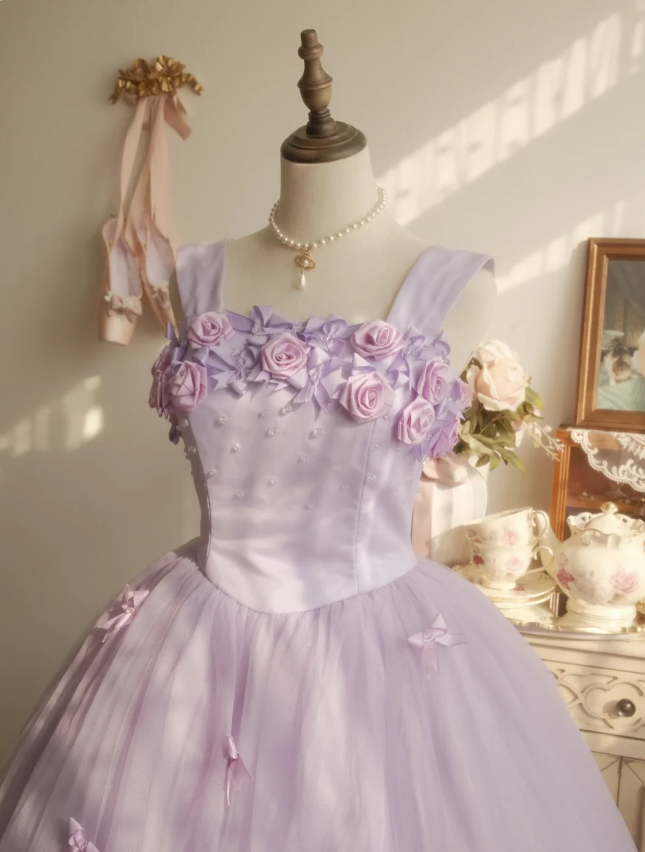 Sweet Princess Light Purple 3D Floral Square Neck Bow Tulle Ball Gown Evening Dress Sweet 16 Dress