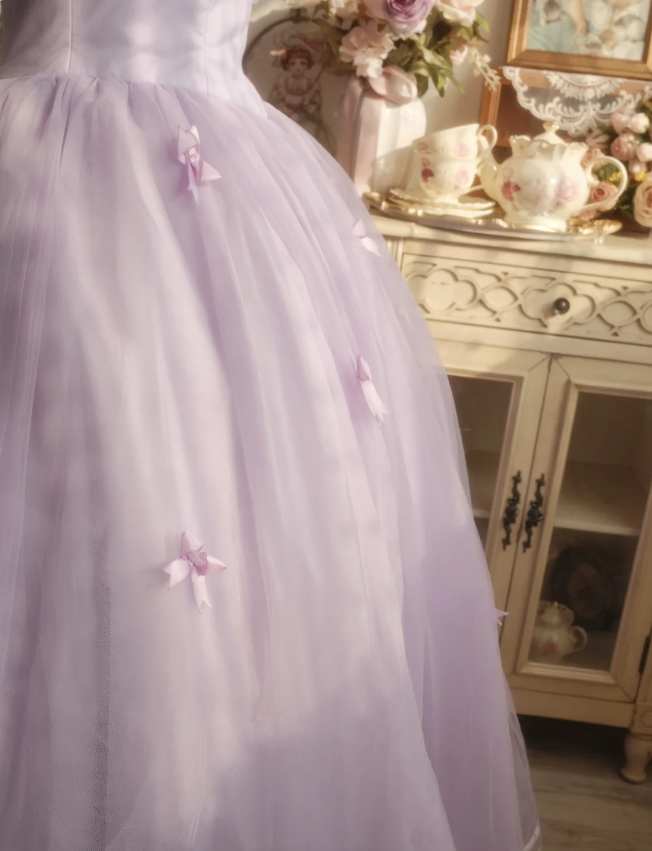 Sweet Princess Light Purple 3D Floral Square Neck Bow Tulle Ball Gown Evening Dress Sweet 16 Dress