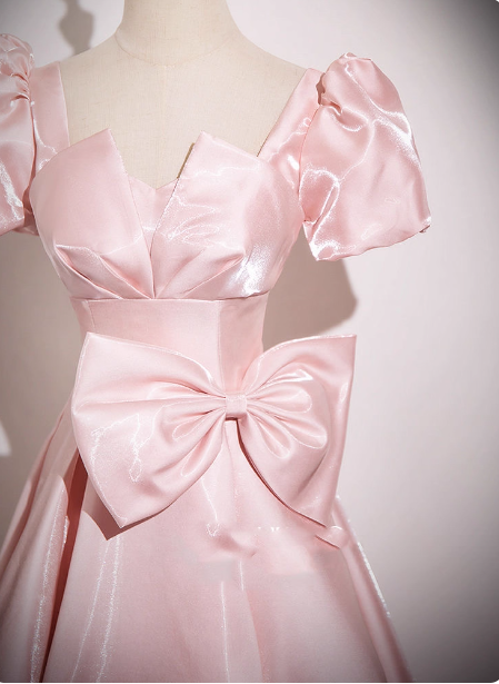 Sweet Princess Pink A-Line Short Sleeve Bow Satin Long Prom Dress Evening Dress