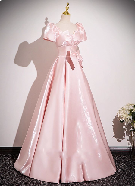 Sweet Princess Pink A-Line Short Sleeve Bow Satin Long Prom Dress Evening Dress Main image