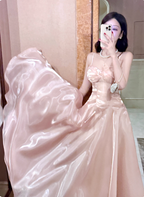 Sweet Princess Pink A-Line Spaghetti Strap Satin Long Prom Dress Evening Dress