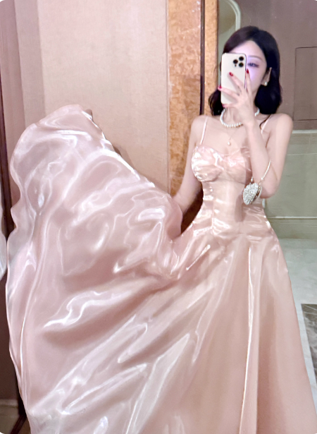 Sweet Princess Pink A-Line Spaghetti Strap Satin Long Prom Dress Evening Dress