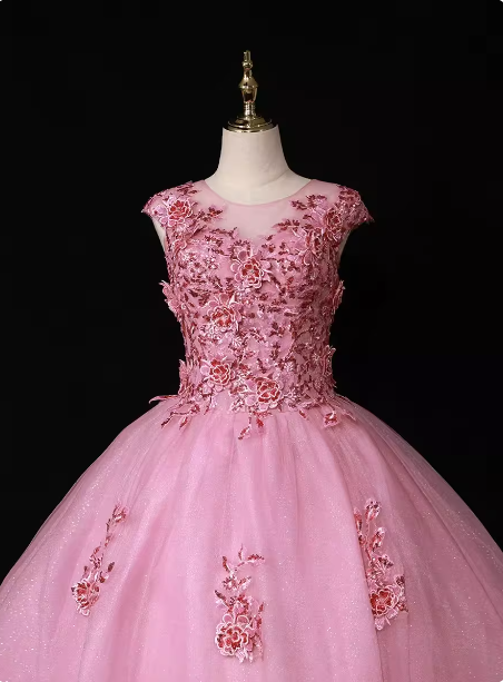 Sweet Princess Pink Crew Neck Embroidered Tulle Long Prom Dress Evening Dress