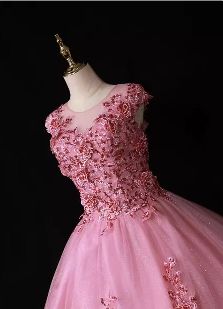Sweet Princess Pink Crew Neck Embroidered Tulle Long Prom Dress Evening Dress
